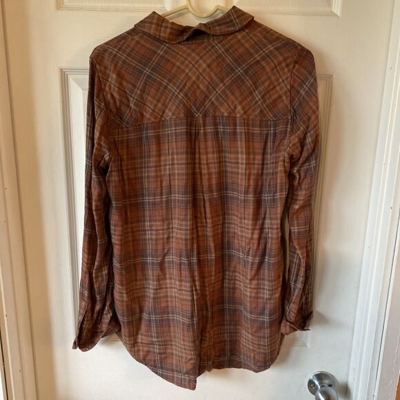 Becool Women’s Small Button Up Long Sleeve Plaid Shirt Brown Checked Rust Light - Picture 5 of 9
